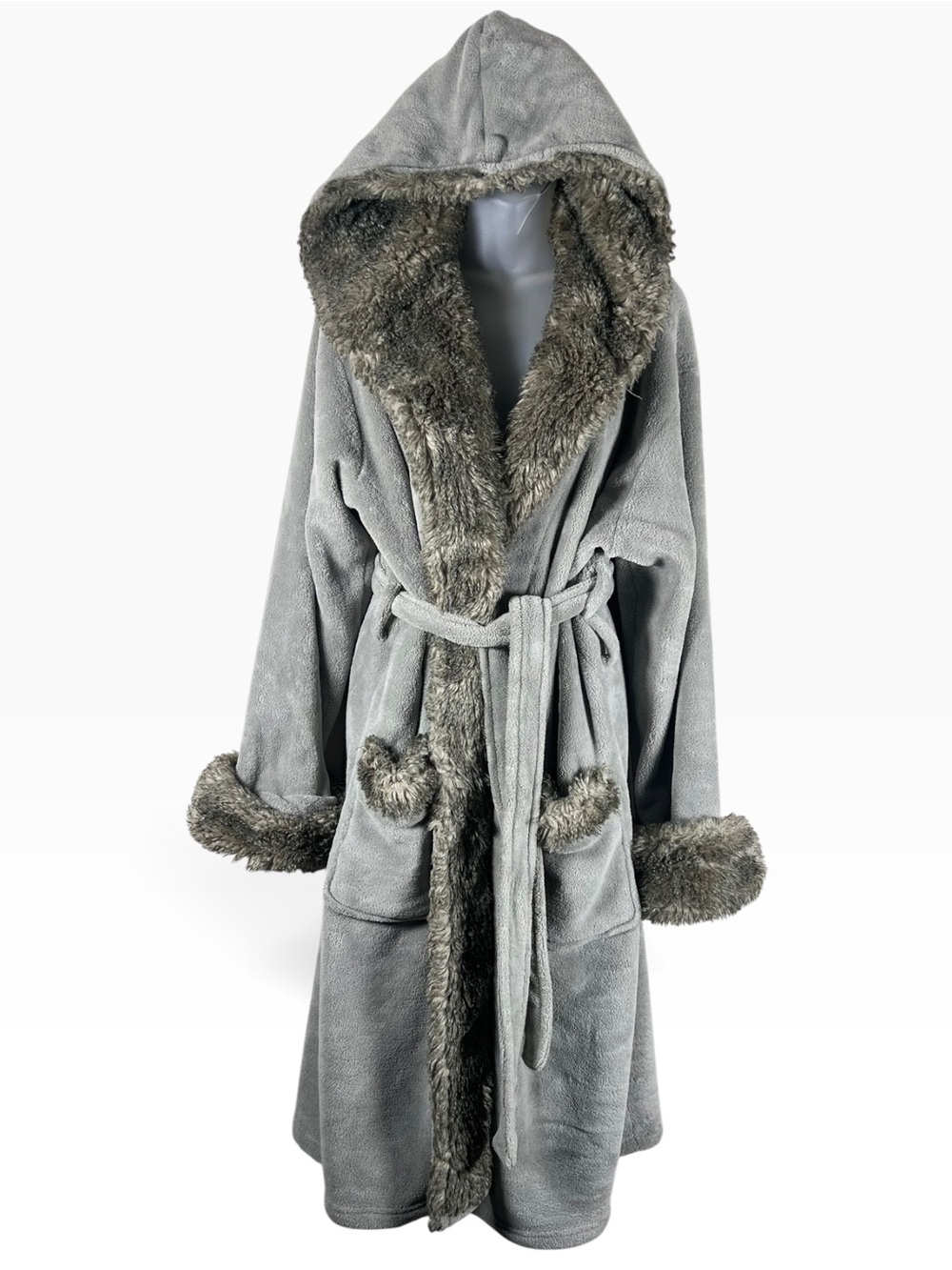 Pottery Barn Gray Faux Fur Trim Hooded Plush Robe Large Unisex Belted Spa Luxury